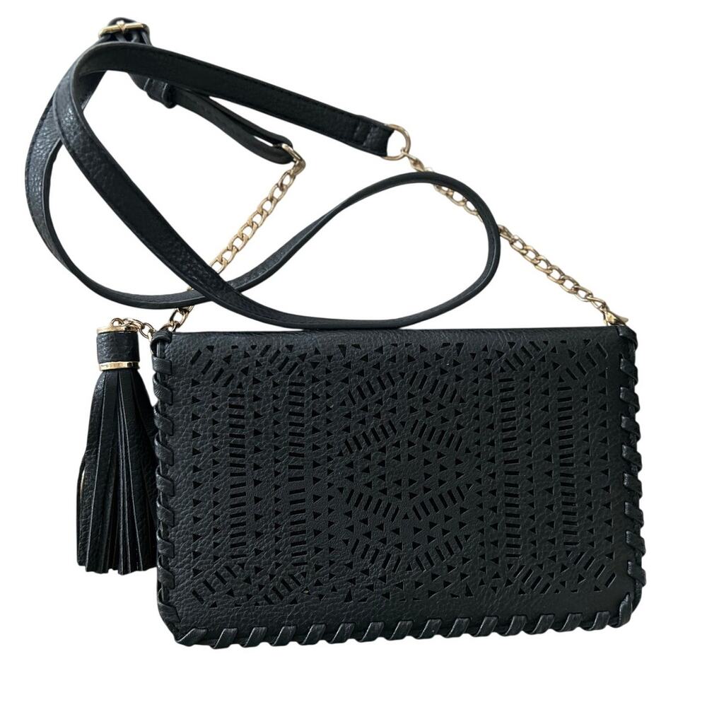 Antik Kraft Anthropologie Faux Leather Laser Cut Boho Braided Tassel Crossbody